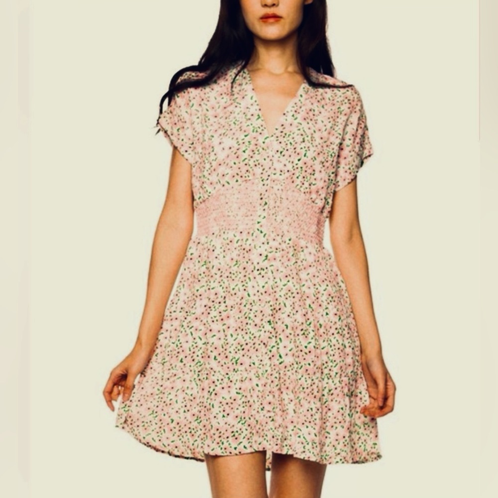 Black Tape Pink & Green V-neck Short Sleeve Floral Print Smocked Dress, Size S